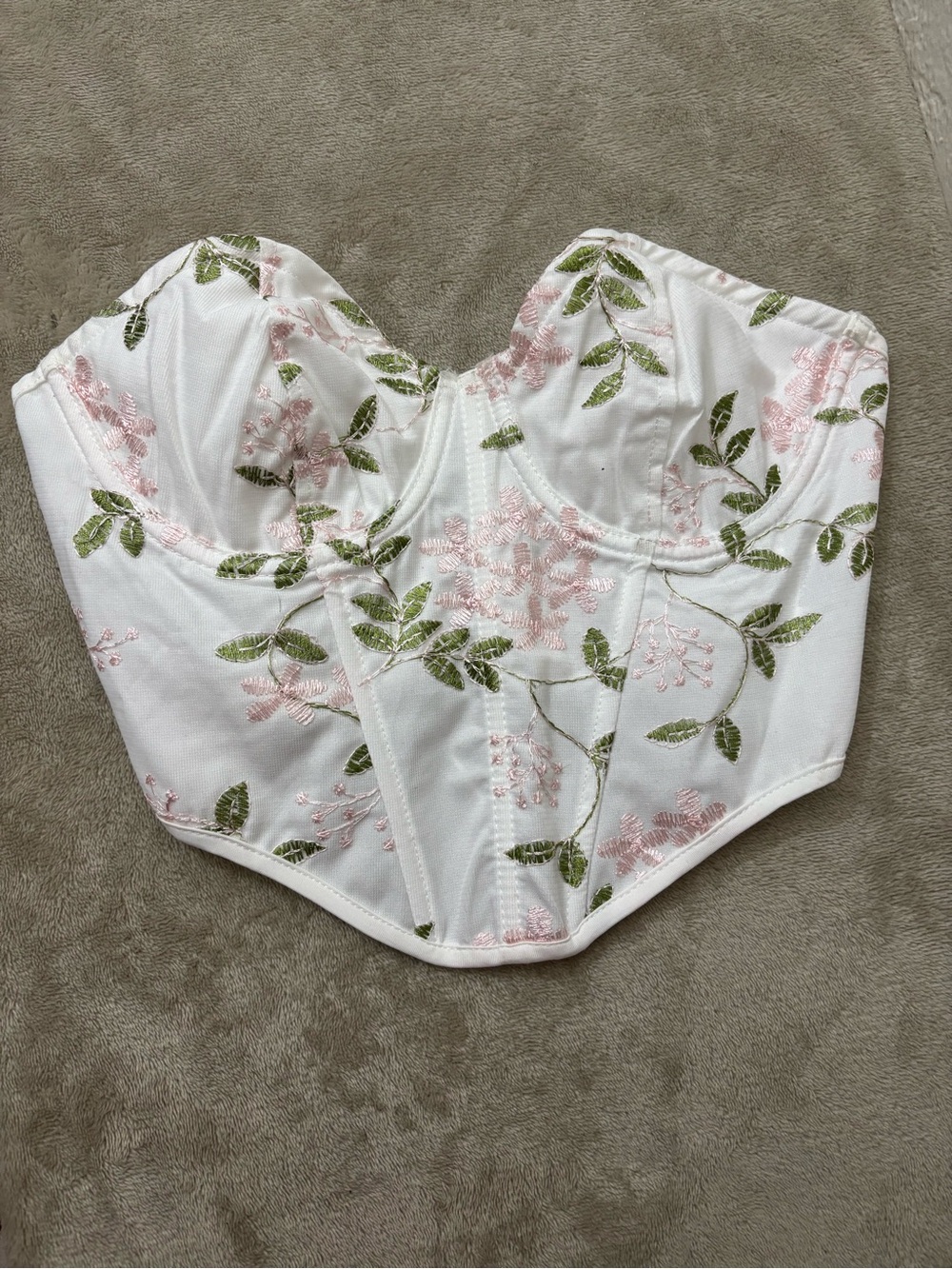 SHEIN White Floral corset Embroidered Bustier Top with Pink & Green Accents